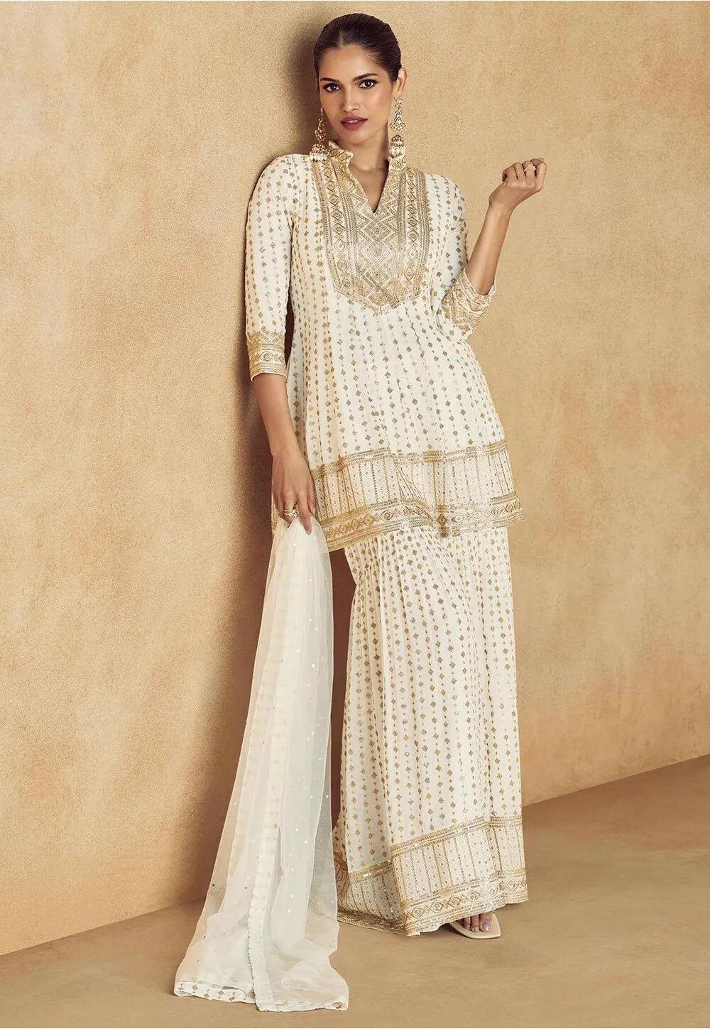 Embroidered Georgette Pakistani Suit in Off White